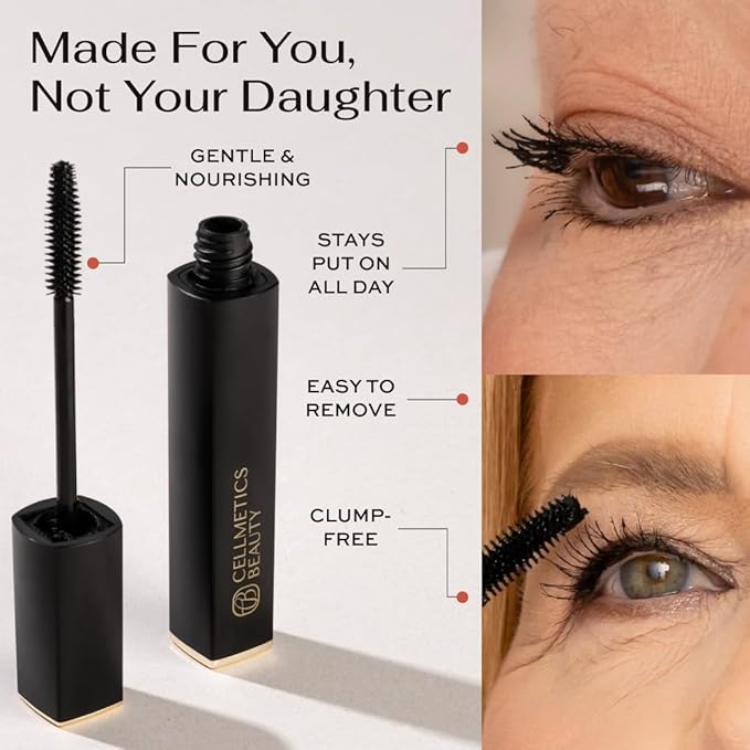 Cellmetics Mascara for Older Women 60 Plus, Volumizing & Lengthening Tubing Mascara with Lash Growth Effect, Hypoallergenic, Smudge-Free and Gentle for Sensitive Eyes (Black)