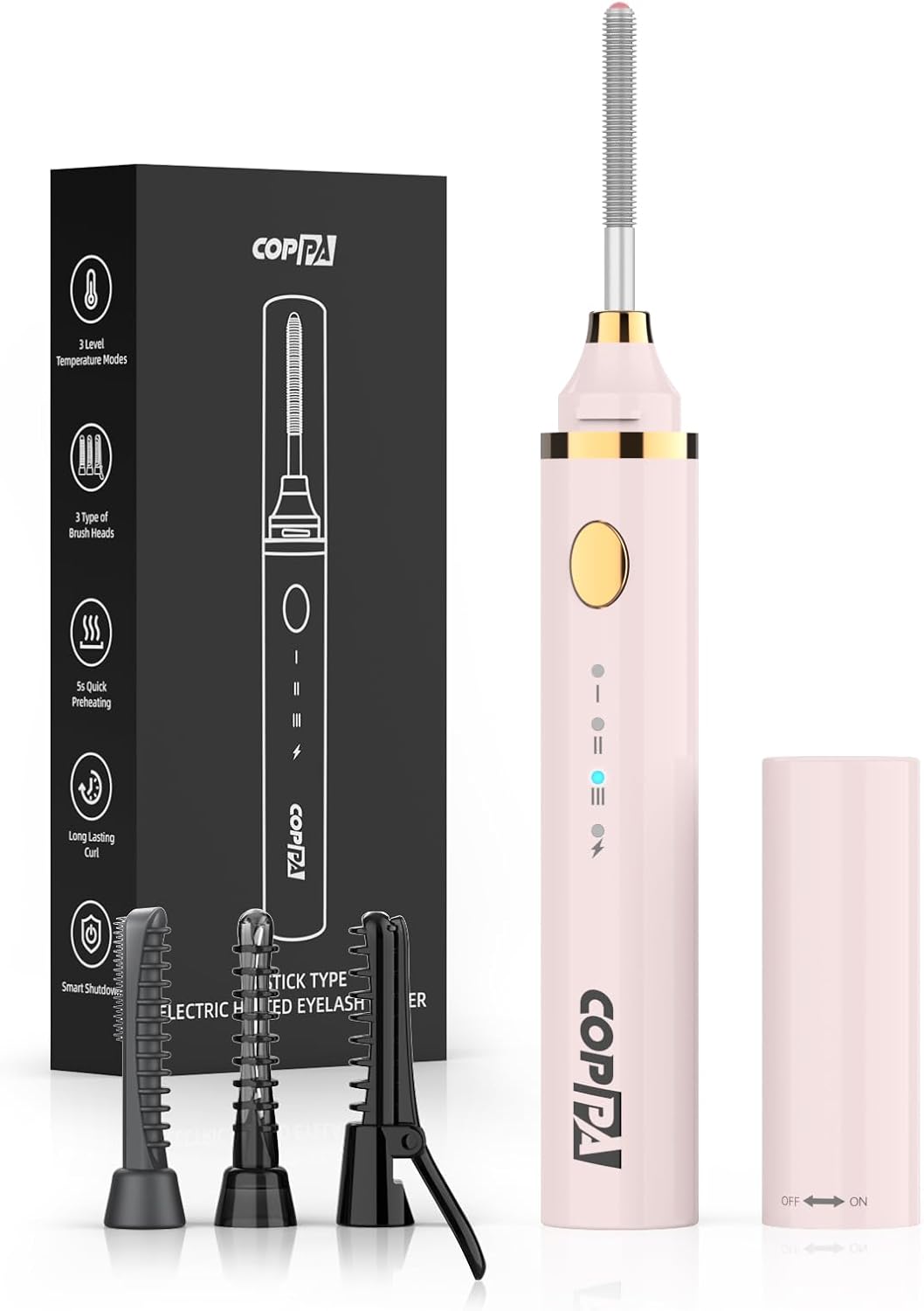 COPPA Electric Lash Curler, LP-1 Lipstick Type 3-in-1 Heated Eyelash Curler with 3 Brush Heads 3 Curling Modes and 3 Temp & 5s Quick Heat-up, Perfect for Beginners and Makeup Pros, Pink