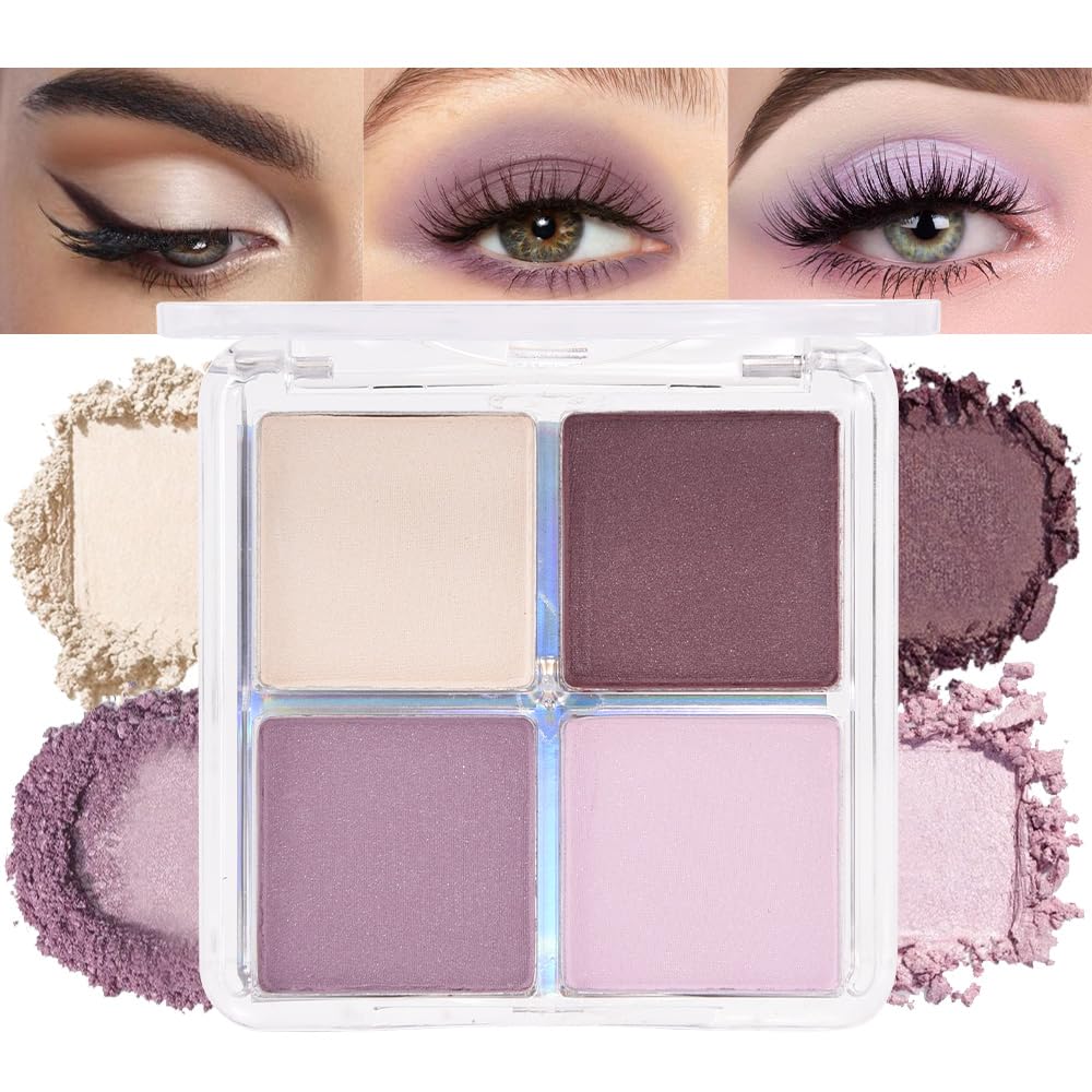 4 Colors Light Violet Pink Purple Brown Eye Shadow Powder Palette Makeup, Neutral Matte Shimmer Quads Eyeshadow Palette for Women Highly Pigmented Waterproof, paleta de sombras de ojos,Vegan 02