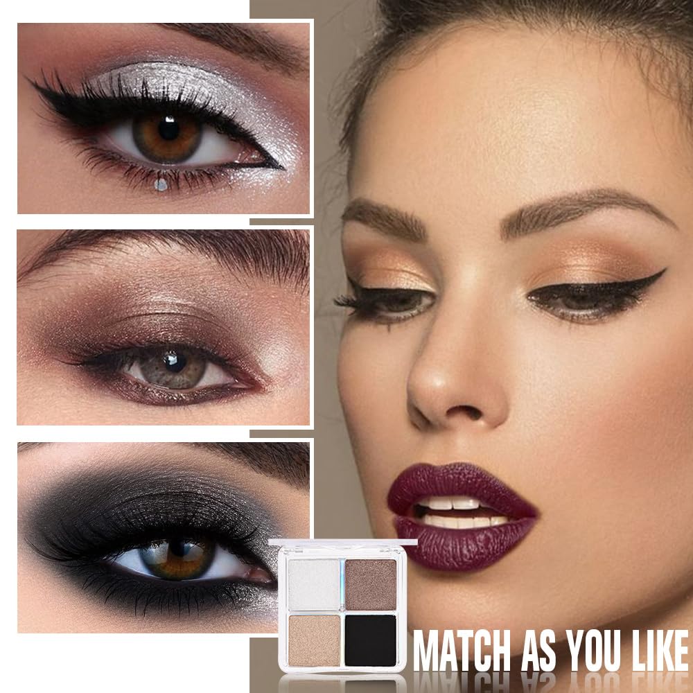 4 Colors Dark Brown Gold Silver Black Eye Shadow Powder Palette Makeup, Neutral Matte Shimmer Cream Quads Eyeshadow Palette for Women Highly Pigmented Waterproof, paleta de sombras de ojos 04