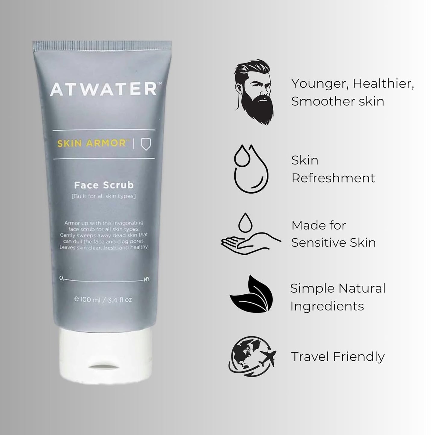 ATWATER Skin Armor Exfoliating Face Scrub,Men’s Facial Cleanser - Smoothes and Cleans Skin to remove Dead Skin - Travel Size Mens Face Exfoliator Leaving you Fresh and Vibrant - 3.4 oz (2 pack)