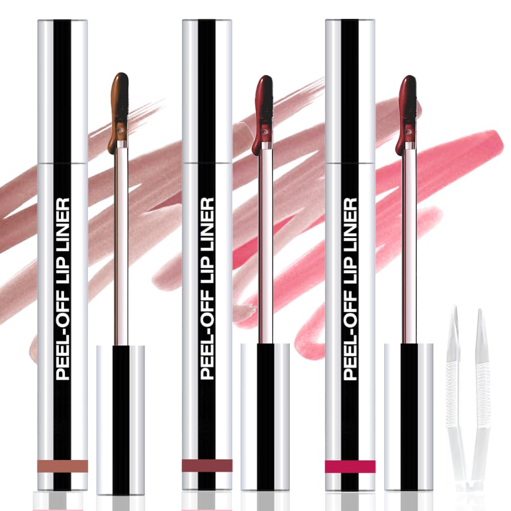 3Pcs Peel Off Matte Lip Gloss Stain-Lip Liner Tattoo with Tweezer, Long Lasting & Waterproof Delicate Peel Off Lip Stain, Transfer-Proof Lip Gloss for All Skin (02+03+06 3Pcs)