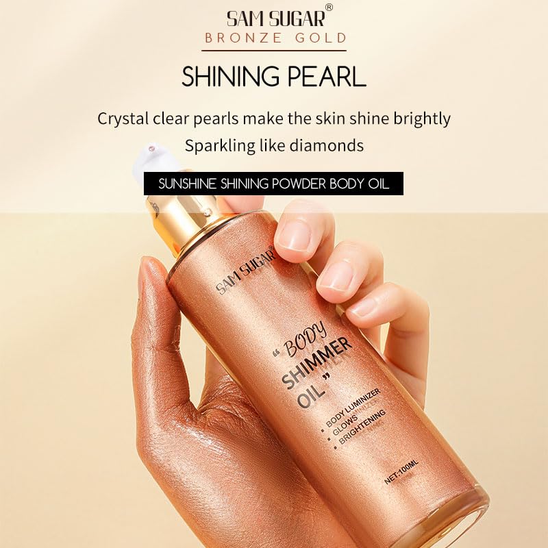 Shimmer Body Oil, Long Lasting Moisturizing Body Glow Glitter for Women Face Luminizer Highlighter Makeup 100ml Shimmer Oil for Glowing Skin Lotion (Bronze Gold)