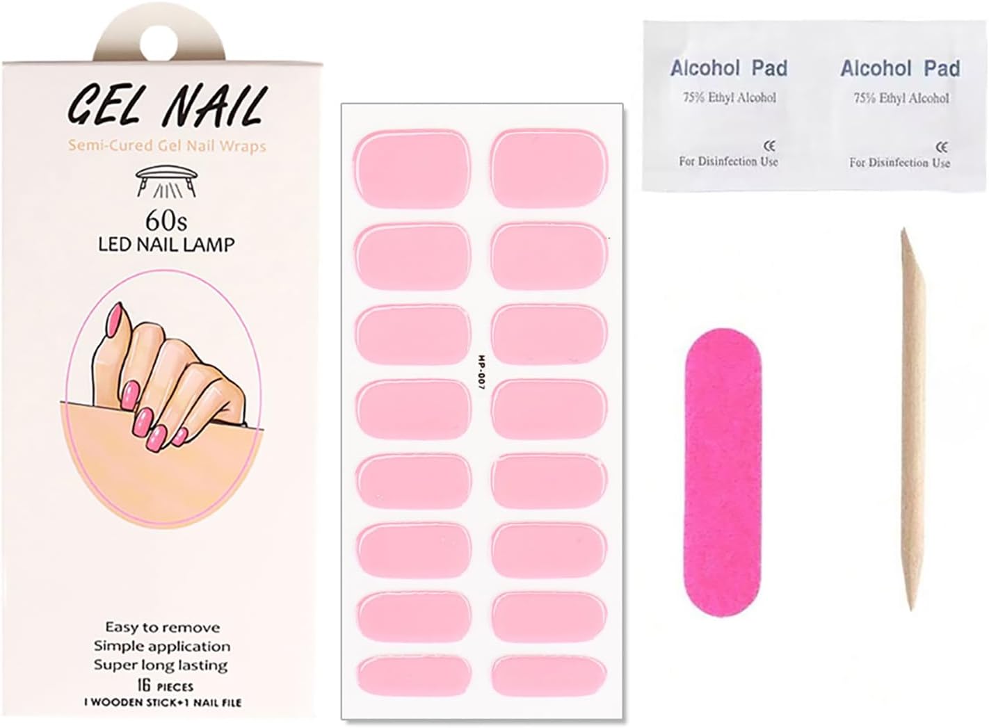 Pink Semi Cured Gel Nail Strips Stickers 16Pcs Real Gel Polish Strips Decals Solid Color Self Adhesive Long Lasting Nail Stickers for Women DIY Manicure Tips Party Nails Decoration 1 Sheets