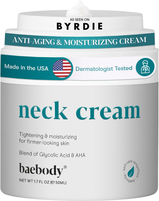 Baebody Firming Neck Cream with AHAs, CoQ10, Glycolic Acid, Green Tea for Sagging Skin, Fine Lines, Wrinkles, 1.7 Fl Oz