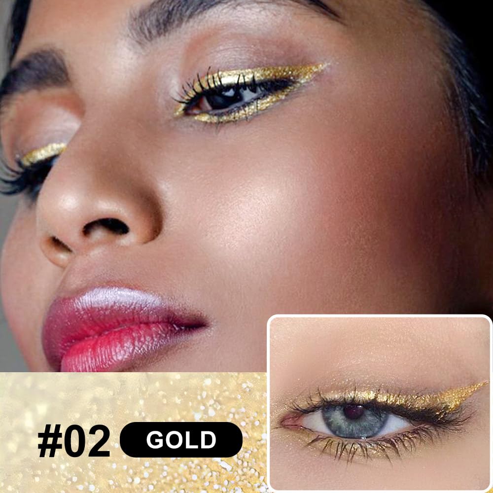 evpct 2Pcs Gold & Bronze Glitter Glittering Diamond Liquid Eyeliner Eye Makeup Pencil Set, Sparkle Shimmer Colored Eyeliner Pen Waterproof Smudge Proof Long Lasting High Pigmented