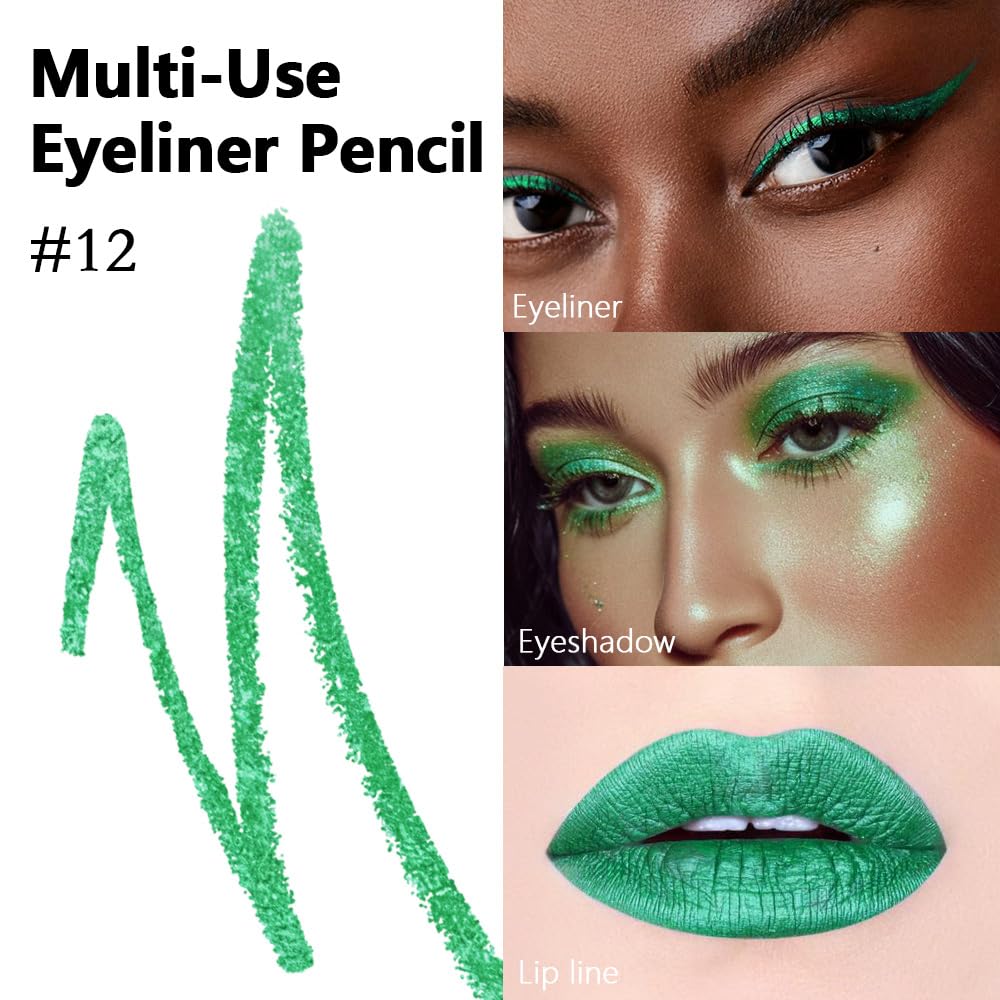 evpct Green Glitter Eyeliner Pencil for Eyes, Forest Green Metallic Shimmer Eye Liner Pencil Makeup Waterproof Smudge Proof, Colored Gel Waterline Eyeliner Face Eye Paint Stick Halloween Makeup 12