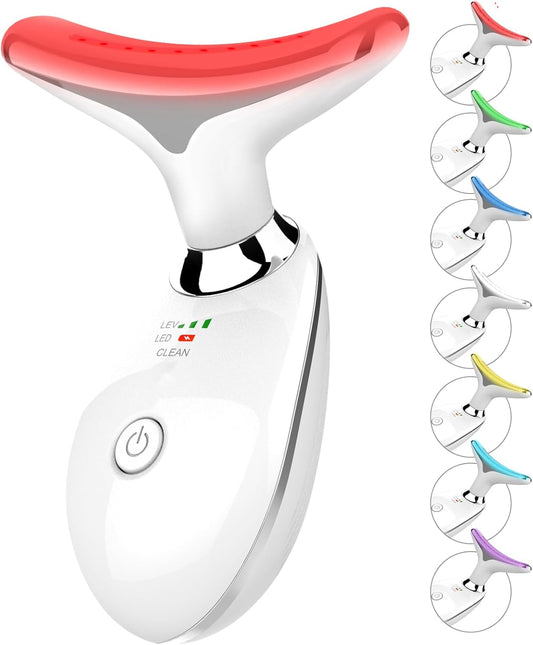 7 Color Face and Neck Massager Light Therapy, Red Light Based Facial Massager for Skin Care, Firming, Smoothing (White)