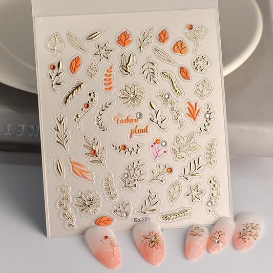 Fall Leaves Nail Art Stickers 5D Embossed Autumn Maple Nail Stickers Gold, Self-Adhesive Durable Nail Art Decals for Women Girls, Nail Wraps Decoration Manicure for DIY Acrylic Nail Accessories