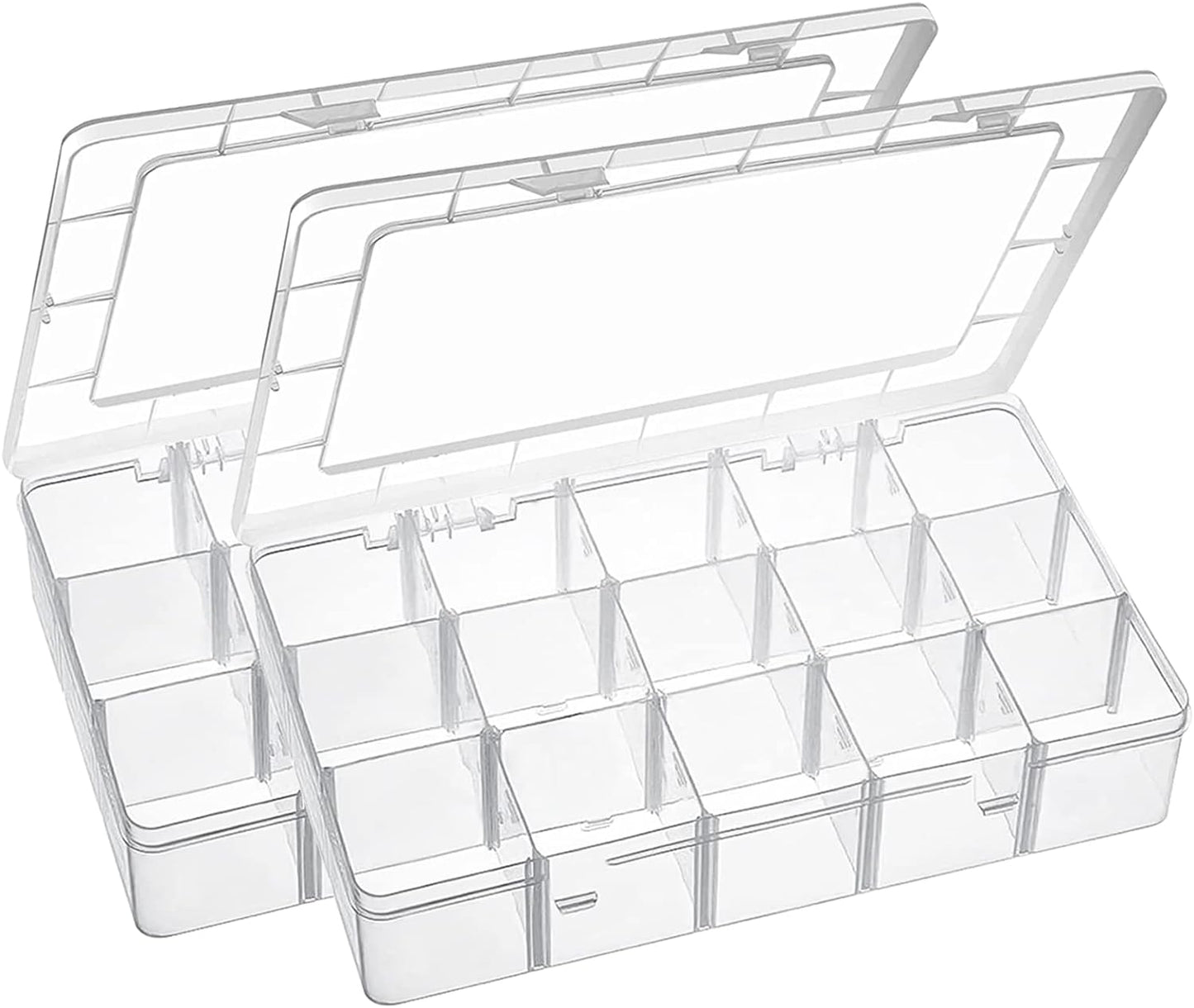 15 Large Grids Plastic Organizer Box with Dividers, 2 Pack Clear Compartment Container Storage for Washi Tapes Beads Crafts Jewelry Fishing Tackles, Size 11 x 6.3 x 2.2 in