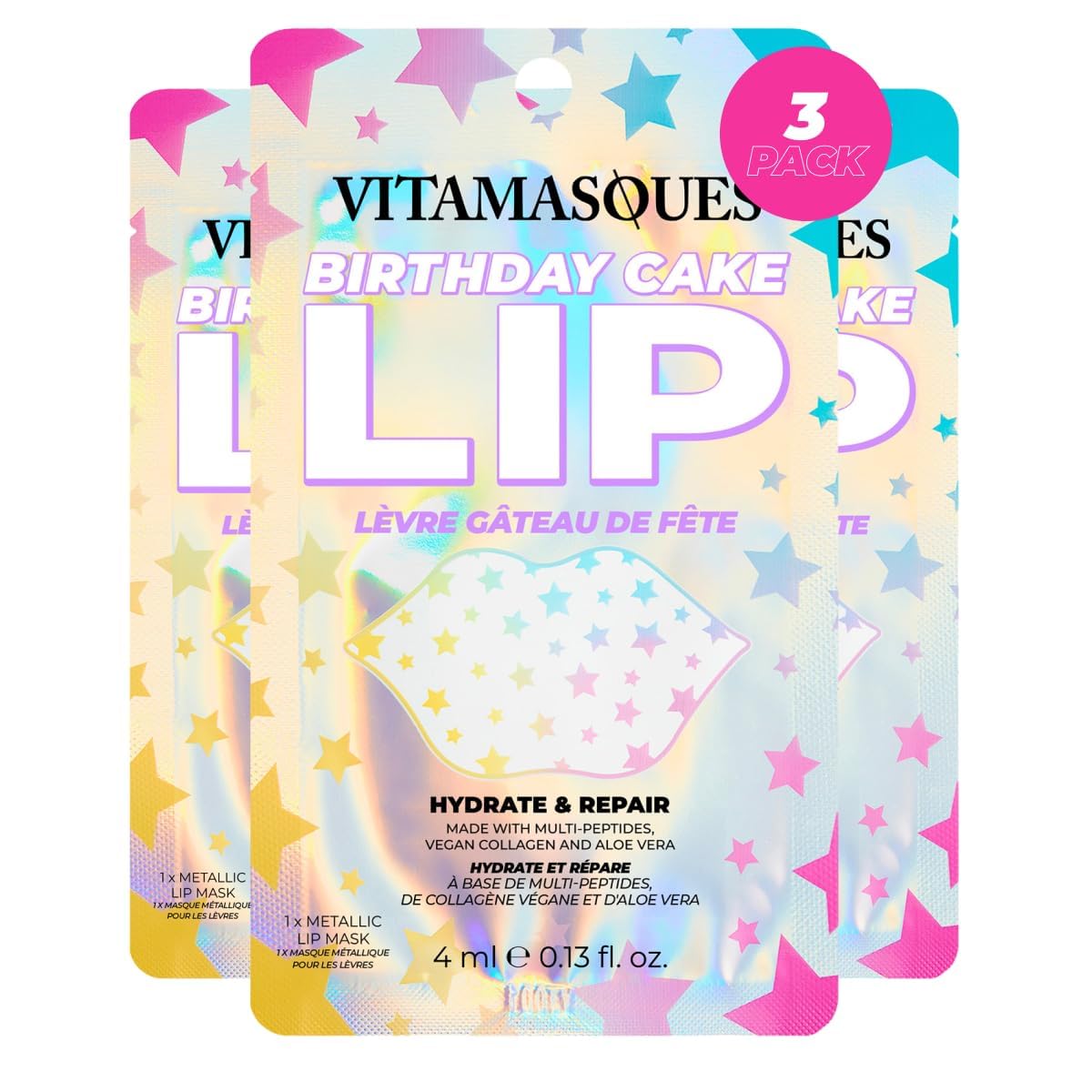 Vitamasques Lip Mask, 3-Pack -Birthday Cake Collagen Lip Mask Sheets, Repair for Dry & Chapped Lips - Nourishing & Hydrating - Vegan & Cruelty-Free Korean Skin Care