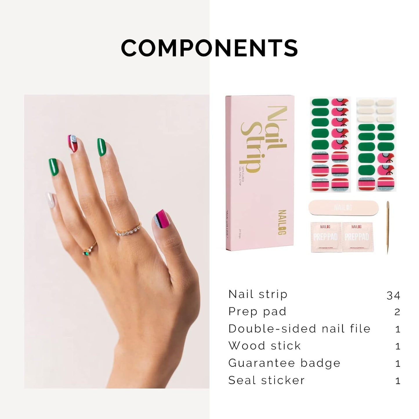 Nailog Semi Cured Gel Nail Strips 34 pcs| Long Lasting Nail Polish Sticker Wraps with Glossy Gel Finish, Rhapsody