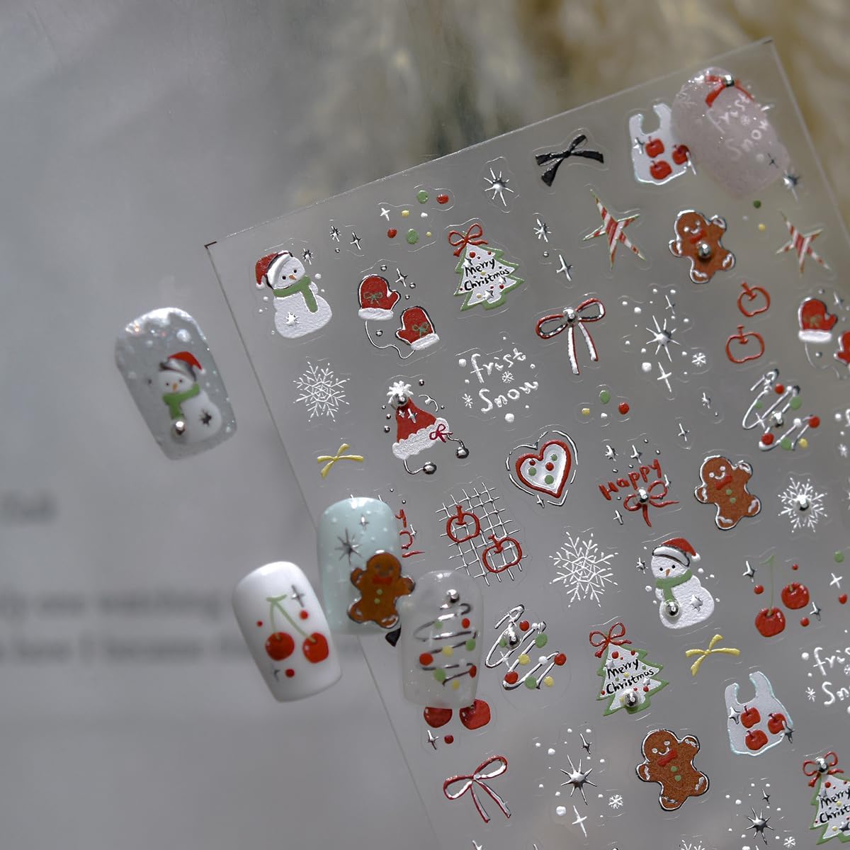 Christmas Nail Art Stickers 5D Embossed Happy Gingerbread Man Nail Stickers Snowman Xmas Light Xmas Tree Snowflake Cherry Nail Decals for Women Girls Winter Holiday Manicure DIY Nail Supplies 1 Sheet