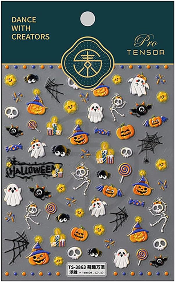 Halloween Nail Stickers 5D Embossed Cute Ghost Nail Art Stickers for Nail Art Designs Halloween Nail Decals Self Adhesive Cute Bat Pumpkin Spider Nail Supplies for Women Nail Decorations