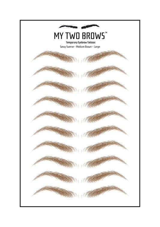 (10 pairs) Medium Brown Temporary Eyebrow Tattoo - Large Size - Waterproof & Smudgeproof - Sassy Swerve Style Eyebrow Stickers - Sheet Lasts up to 30 Days - Won't Work on Existing Brows