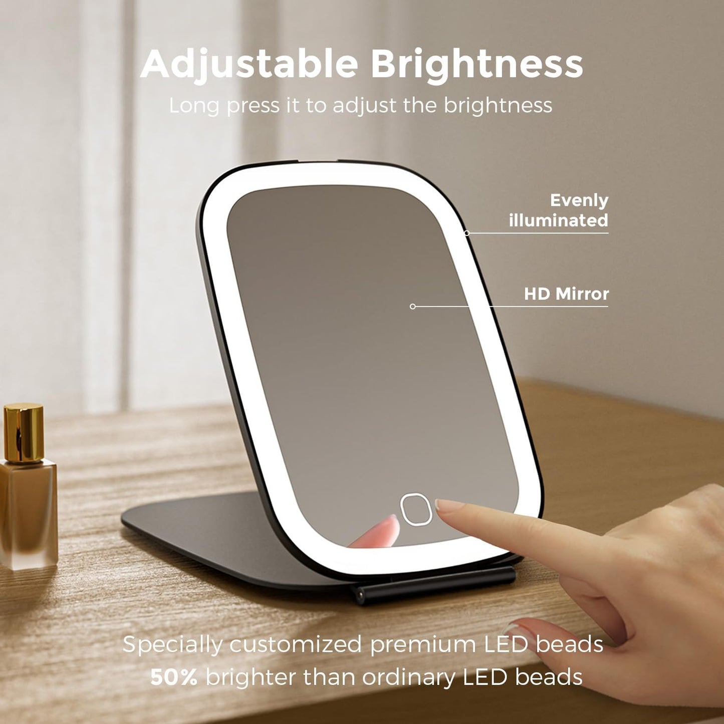 Rechargeable Travel Mirror with Light, Portable Mirror, 3 Color Light, 7.5 inch Ultra Thin and Lightweight LED Folding Makeup Mirror (Black)