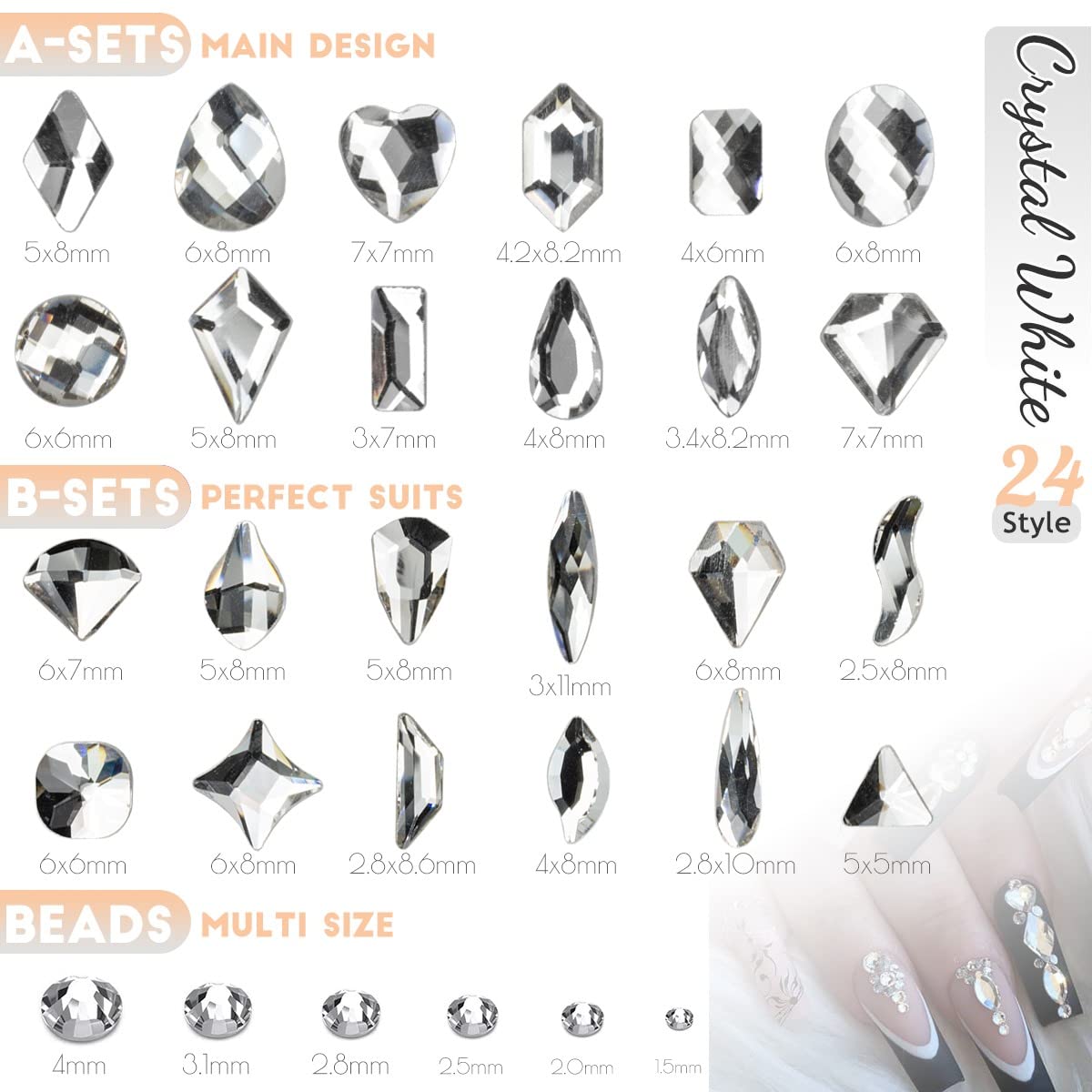 24 Styles Silver Clear Nail Rhinestones Multi Shapes Flatback K9 Glass Crystal White Gems Round Beads Stones Diamonds Jewels Nail Art Charms for Nails Face Eyes Makeup DIY Crafts Clothes Shoes