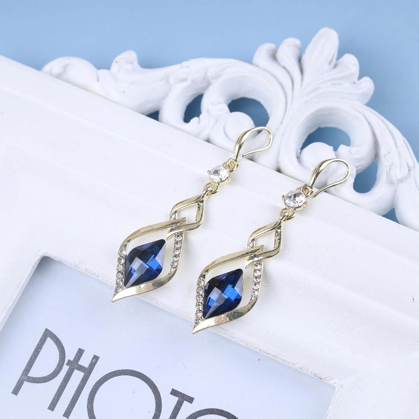 Vintage Sapphire Drop Earrings Blue Crystal Hook Earrings Gold Swirl Square Dangle Earrings Blue Sapphire Earrings Jewelry for Women