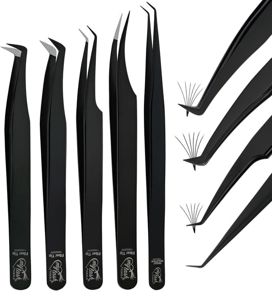 Fiber Tip Lash Tweezers for Lash Extensions Precision Boot Volume Eyelash Extensions Tweezers Japanese Steel Curved Isolation Tweezer Set Fiber grip tweezers pinzas para (5pcs, Black)