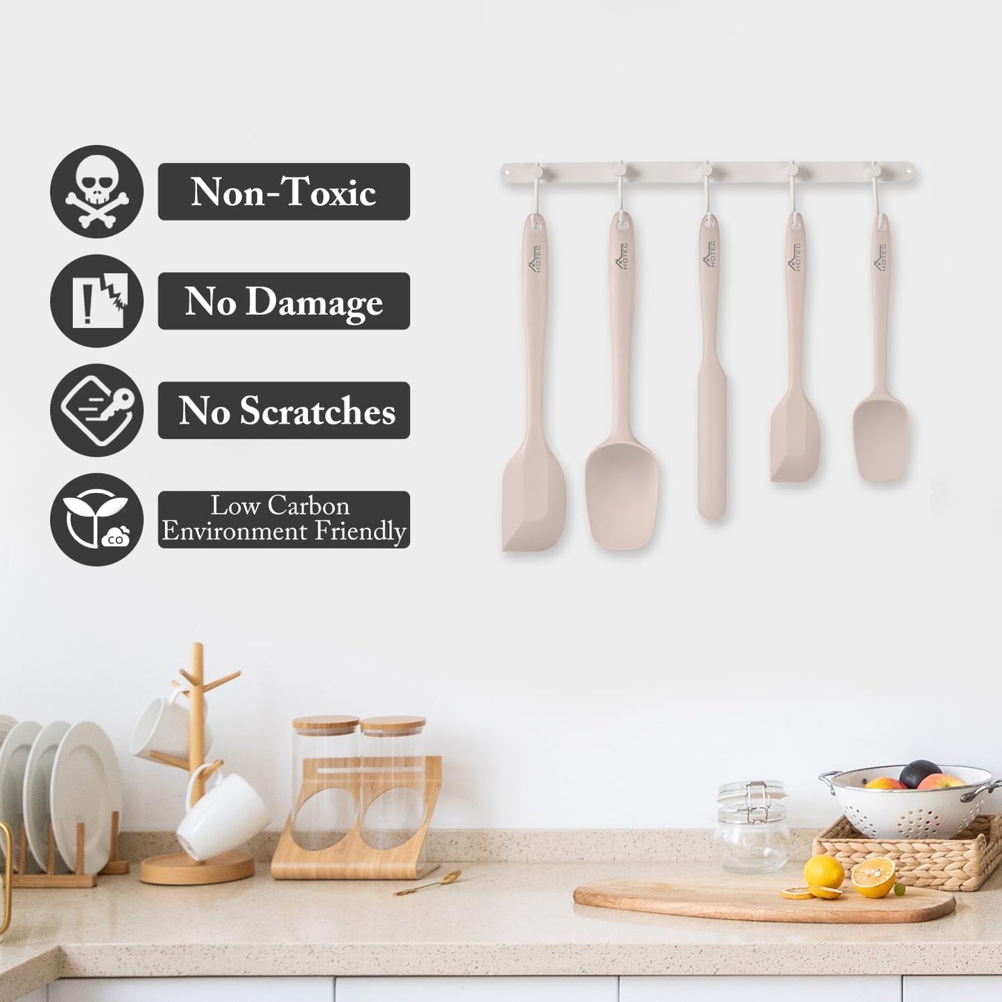 HOTEC 600℉ Heat Resistant BPA-Free Silicone Rubber Spatula Set,Kitchen Cooking Spatulas, Baking, Mixing for Non Stick Cookware, Dishwasher Safe, Set of 5, Khaki