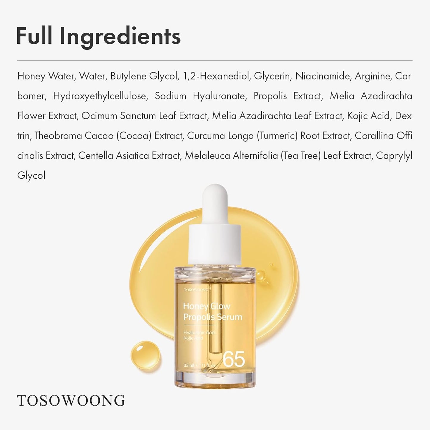 Honey Glow 65% Propolis Serum, Hyaluronic Acid, Kojic Acid, Niacinamide, Hydrating Facial Soothing Moisturizer for Irritated Uneven Skin Tone, Glass Skin, Korean Skin Care, 33ml, 1.11 fl.oz.