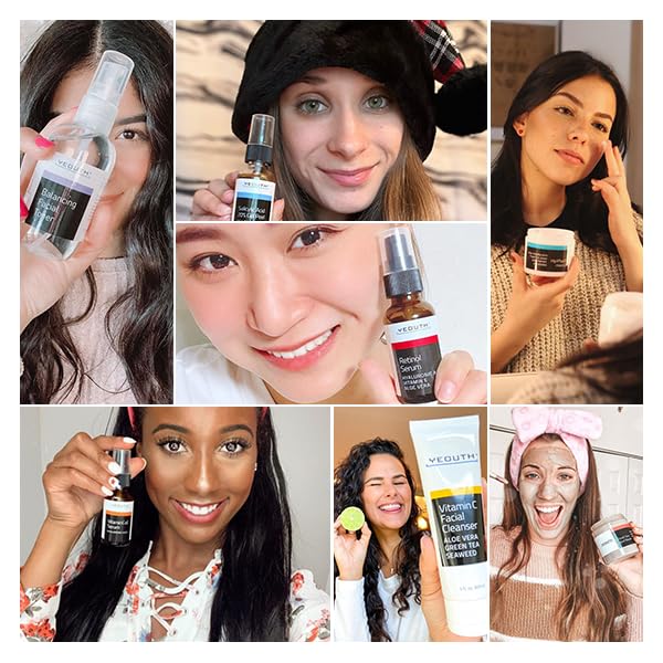 YEOUTH Skin Care Set: Vitamin C Face Wash, Toner, Vitamin C & Retinol Serum, Face Cream, Peel & Mask 7- Piece Skincare Gift Set for Teens, Women & Men