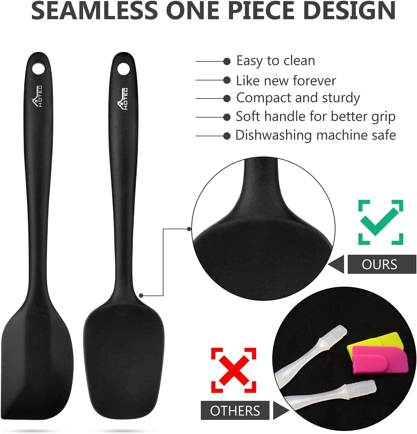 HOTEC 600℉ Heat Resistant BPA-Free Silicone Rubber Spatula Set,Kitchen Cooking Spatulas, Baking, Mixing for Non Stick Cookware, Dishwasher Safe, Black Set of 5