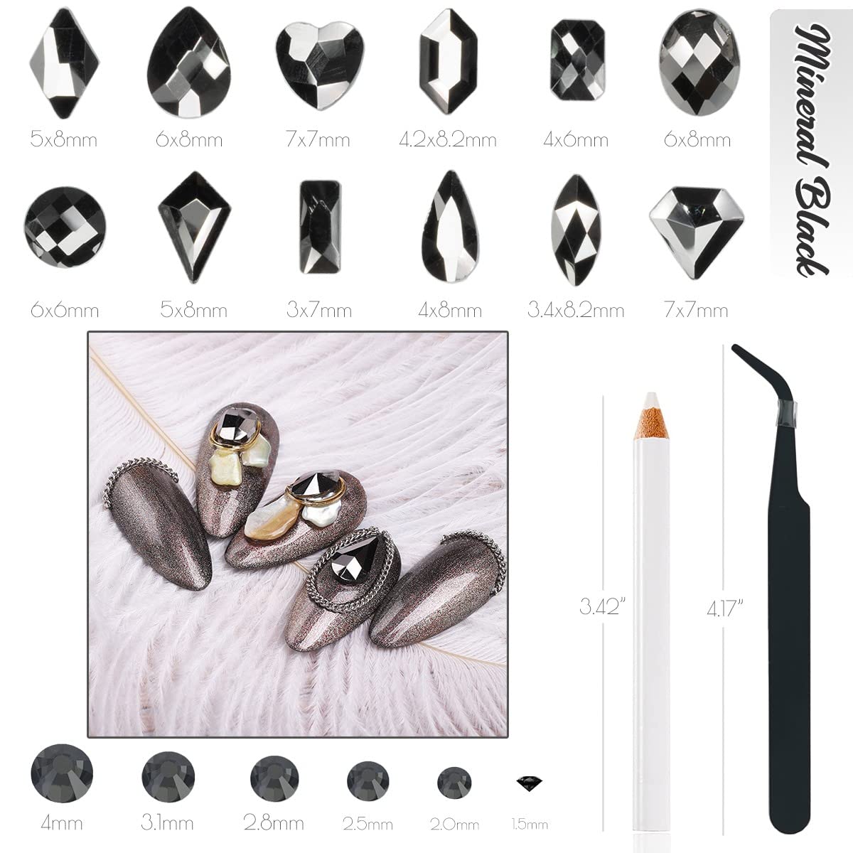 2630Pcs Mine Black Nail Rhinestones 120 Multi Shapes Metallic Black Big Gems Nail Charms +2510 Flatback Rhinestones Round Beads K9 Glass Stones Nail Art Diamonds jewels for Nails Eyes Makeup Crafts