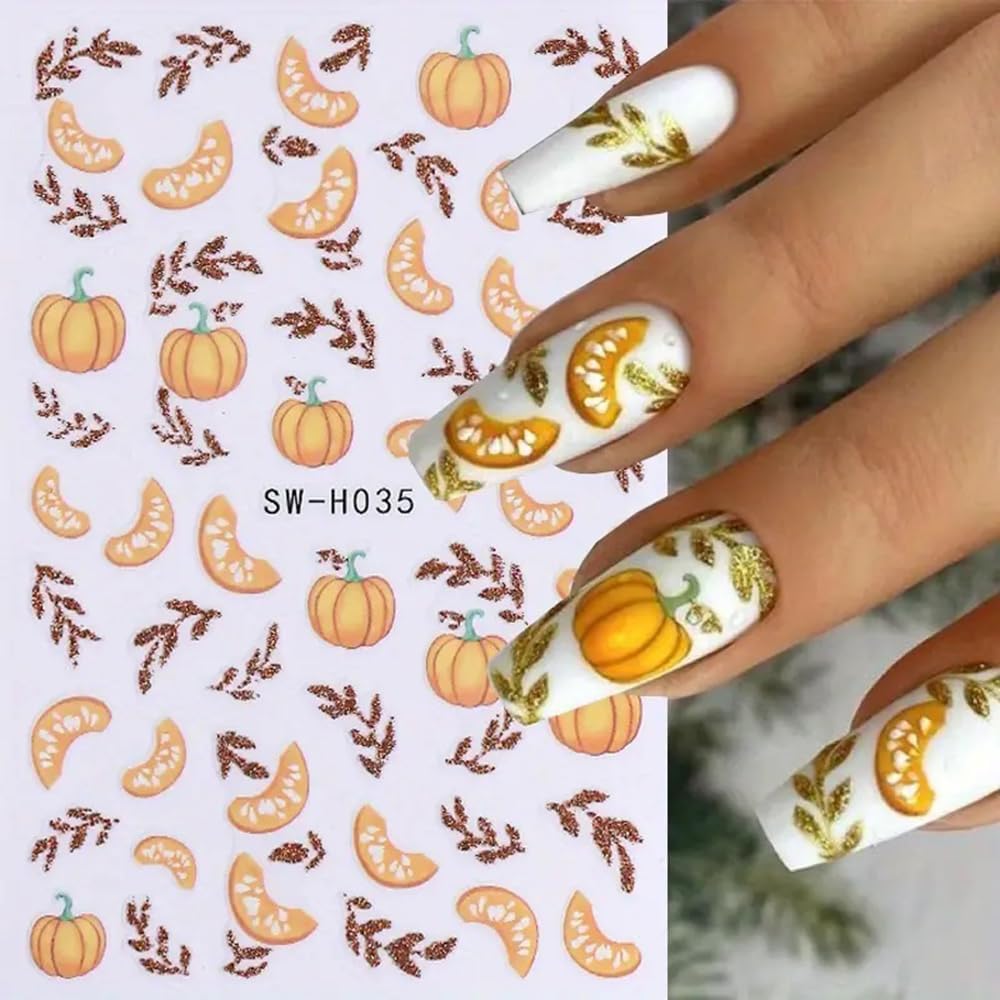 6PCS Fall Nail Art Sticker Autumn Leaves Pumpkin Nail Decals 3D Self-Adhesive Thanksgiving Gold Yellow Maple Leaf Nail Design Nail Art Supplies for Women Holiday DIY Manicure Decoration Accessories