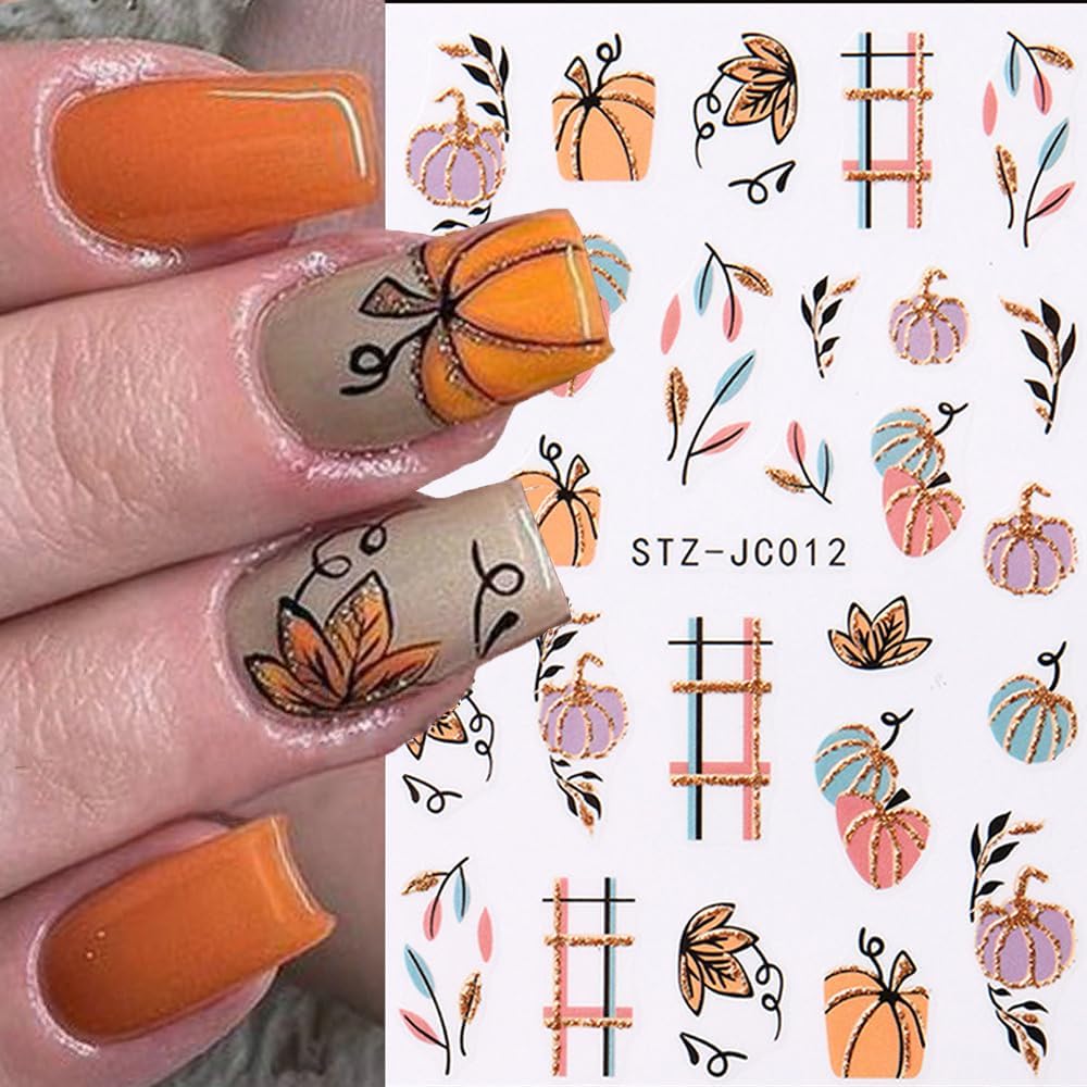 Fall Nails Stickers Autumn Leaves Nails Sticker 3D Embossed Maple Leaves Self Adhesive Sticker Nail Decals Glitter Pumpkin Thanksgiving Nail Art Decal Fall Decals for Nail DIY Manicure 4Sheet