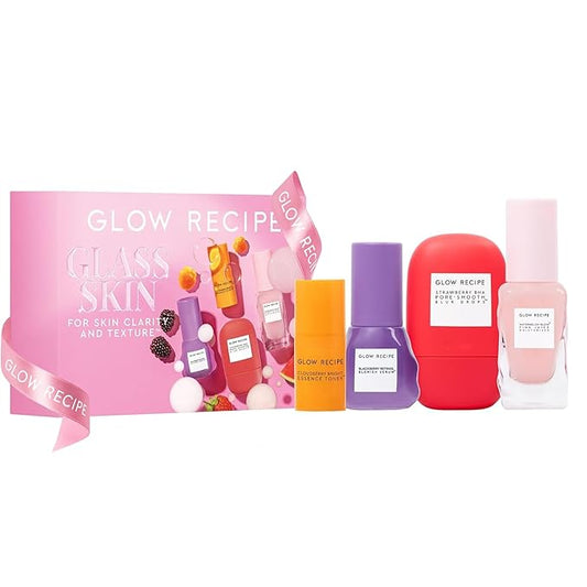 Glow Recipe Glass Skin Hydration Travel Size Korean Skincare Set - Includes Mini Cloudberry Facial Toner, Strawberry Blur Drops, Blackberry Retinol Serum & Pink Juice Moisturizer (4 Count)