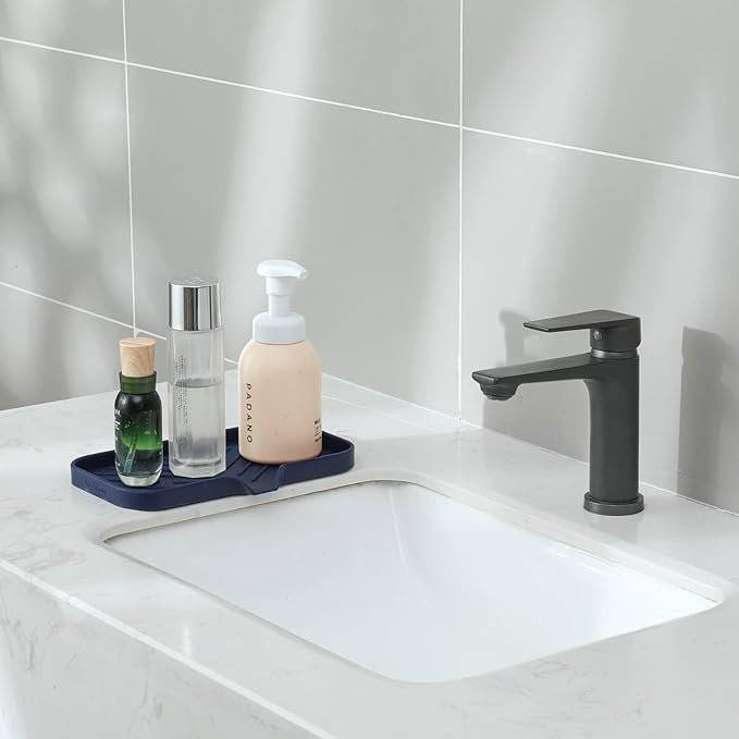 Silicone Bathroom Soap Dishes with Drain Spout-Kitchen Sink Organizer,Sponge Holder,Dish Soap Tray,Perfect for Dispenser,Scrubber,Bottle,Cup on Sink or Counter-Navy Blue 9.6"×5.3"