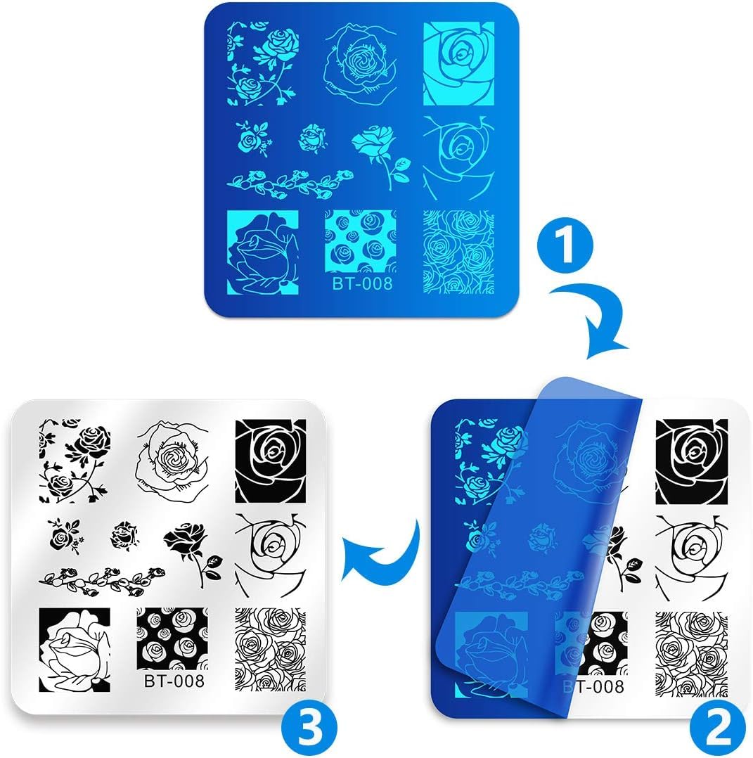 Biutee Nail Stamping Plates Set 12pcs Nail Plates 1stamper 1scraper 1storage bag Nail plate Template Image Plate Stencil Nails Tool (C)