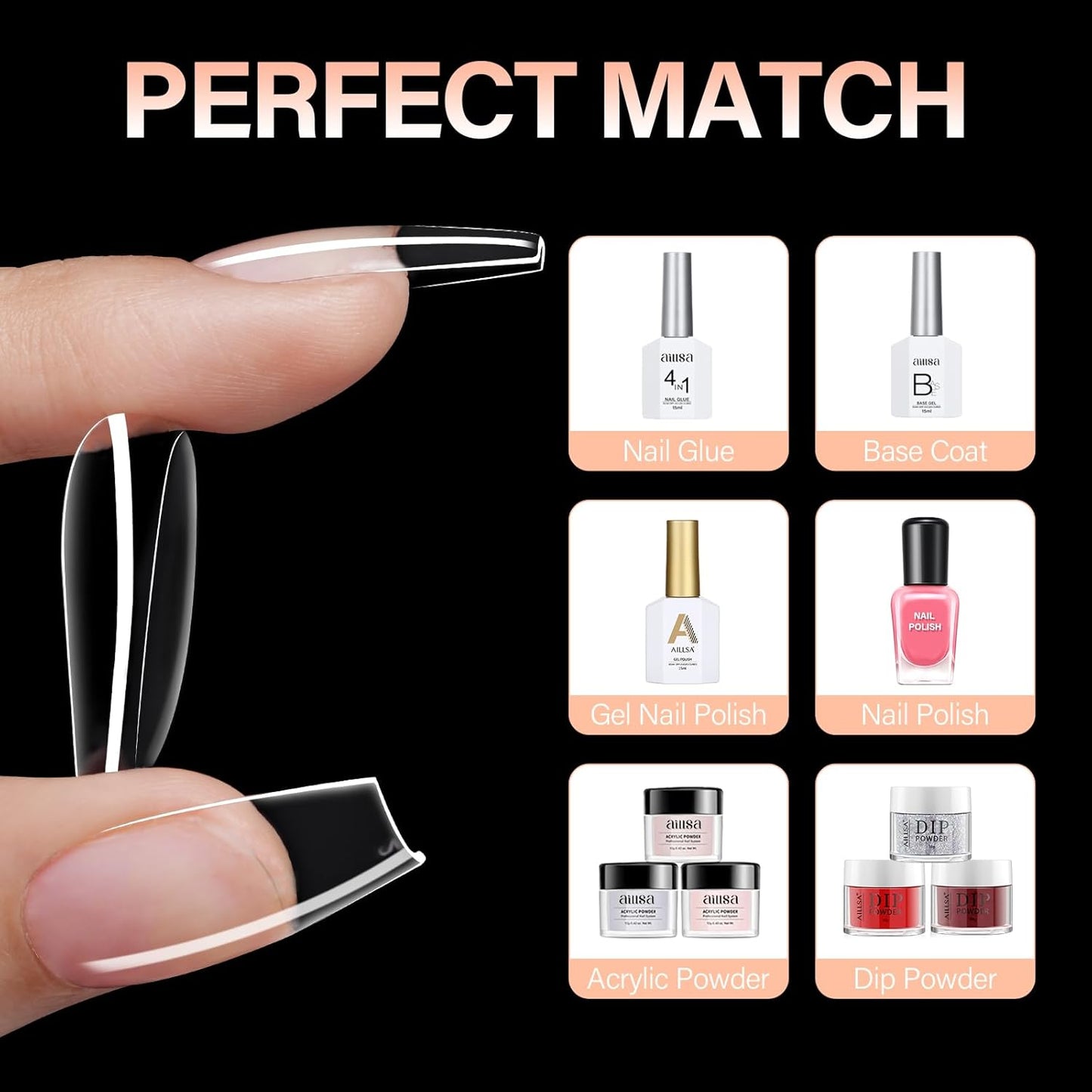 AILLSA Coffin Nails Tips 504PCS Clear Full Cover Nails Medium Gel Fake Nail Tips for DIY Press on Nail Extension, False Acrylic Preshaped Soft Nail Tips (12 Sizes)