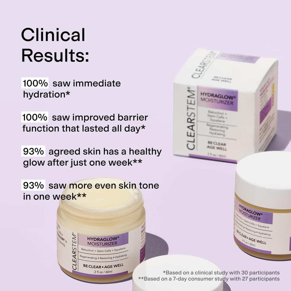 CLEARSTEM - HYDRAGLOW Stem Cell Moisturizer - Bakuchiol + Squalene - Youthful Skin Face Moisturizer - All Skin Types - Facial Skin Care Products - Gluten Free, Cruelty Free - 2 fl oz / 60ml