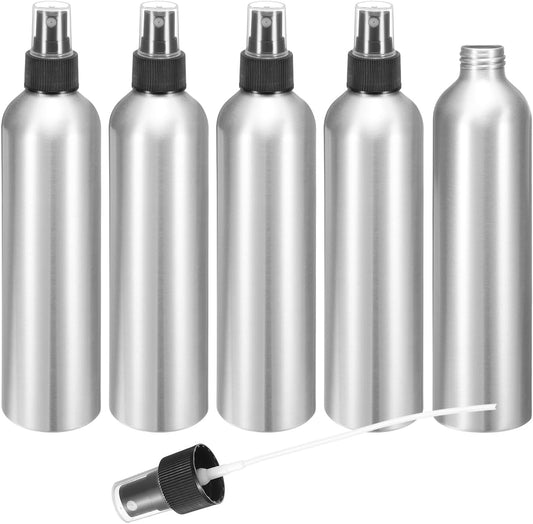 HARFINGTON 5pcs Aluminum Fine Mist Spray Bottles 300ml/10oz Metal Small Liquid Alcohol Refillable Travel Container with Black Plastic Nozzle Cap for Perfume Skincare Cosmetic Storage Bottle