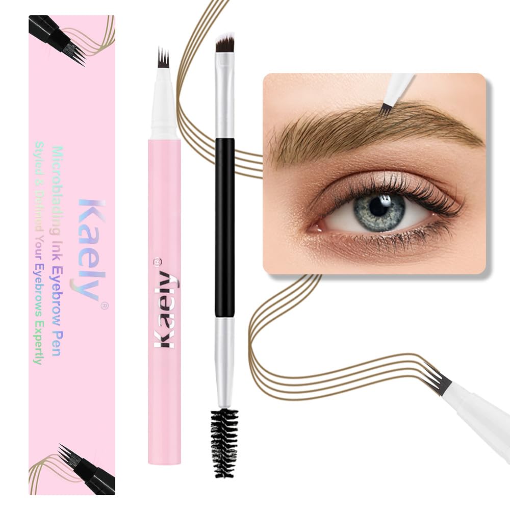 evpct 1Pcs Brown Magic Microblading Eyebrow Contouring Pen Brow Pencil, with 4 Brush Micro-Fork-Tips Precise Applicator, with Dual-ended Eyebrow Brush, Hair Like Strokes, Natural Looking Brows