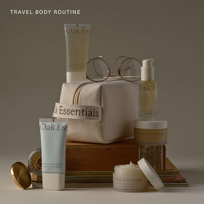 Oak Essentials Travel Body Routine | TSA-Friendly Mini Body Care Set with Wash, Scrub, Lotion, Oil, & Balm + Linen Travel Bag