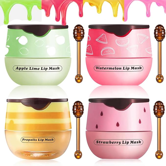 Fruit Lip Mask Set with Honey & Vitamin E, Moisturizing Overnight Treatment, Effective Reduces Lip Lines Prevention Dry and Cracked (4 Flavors)