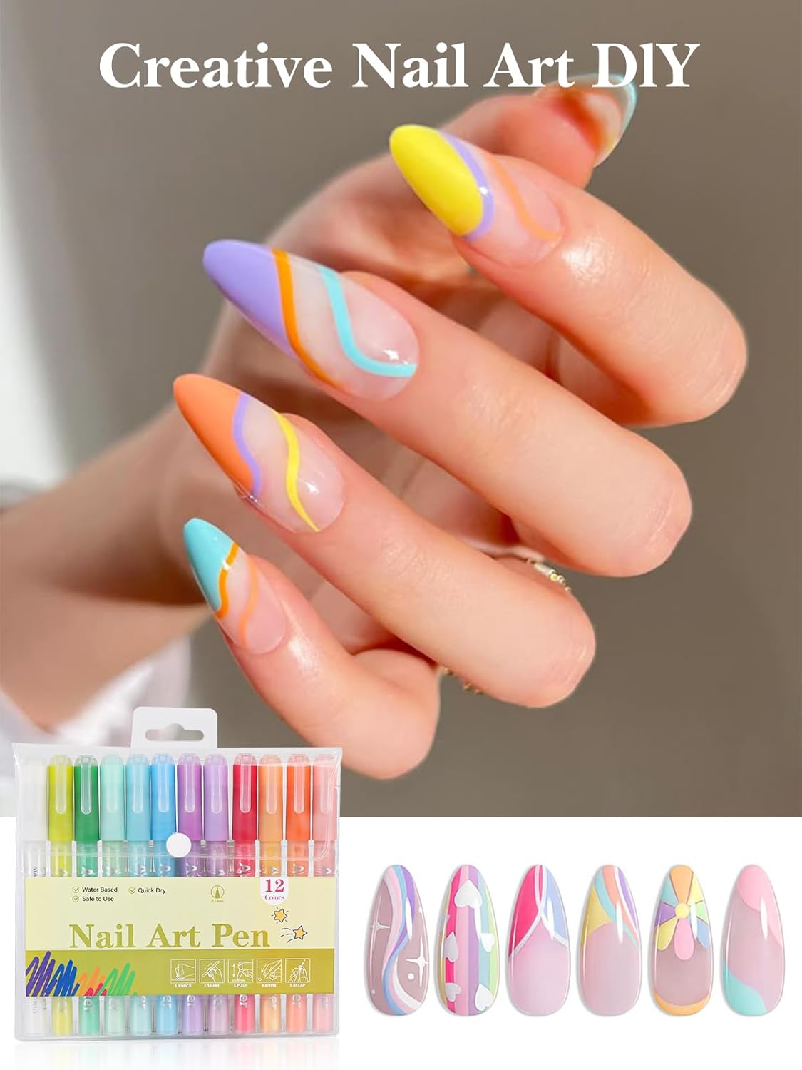 EBANKU 12 Colors Nail Art Pens Acrylic Paint Marker, Nail Polish Pens Quick Drying 0.7MM 3D Acrylic Paint Pens Clear Handle Nail Point Liner Drawing Painting Dotting Tool for Nail Art Design(Set B)