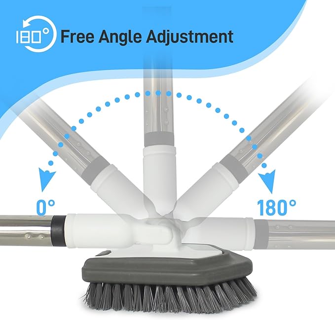 Floor Scrub Brush, 5 in 1 Tile Tub Scrubber with 56" Adjustable Long Handle and 5 No Scratch Scrubber Heads for Bathroom, Kitchen, Toilet, Bathtub