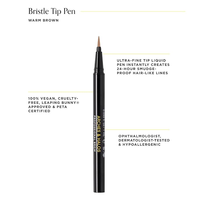 Arches and Halos Fine Bristle Tip Pen - Eyebrow Pencils for Women - Vegan Brow Pencil - Smudge-Proof, Buildable Formula - Warm Brown - 0.02 oz