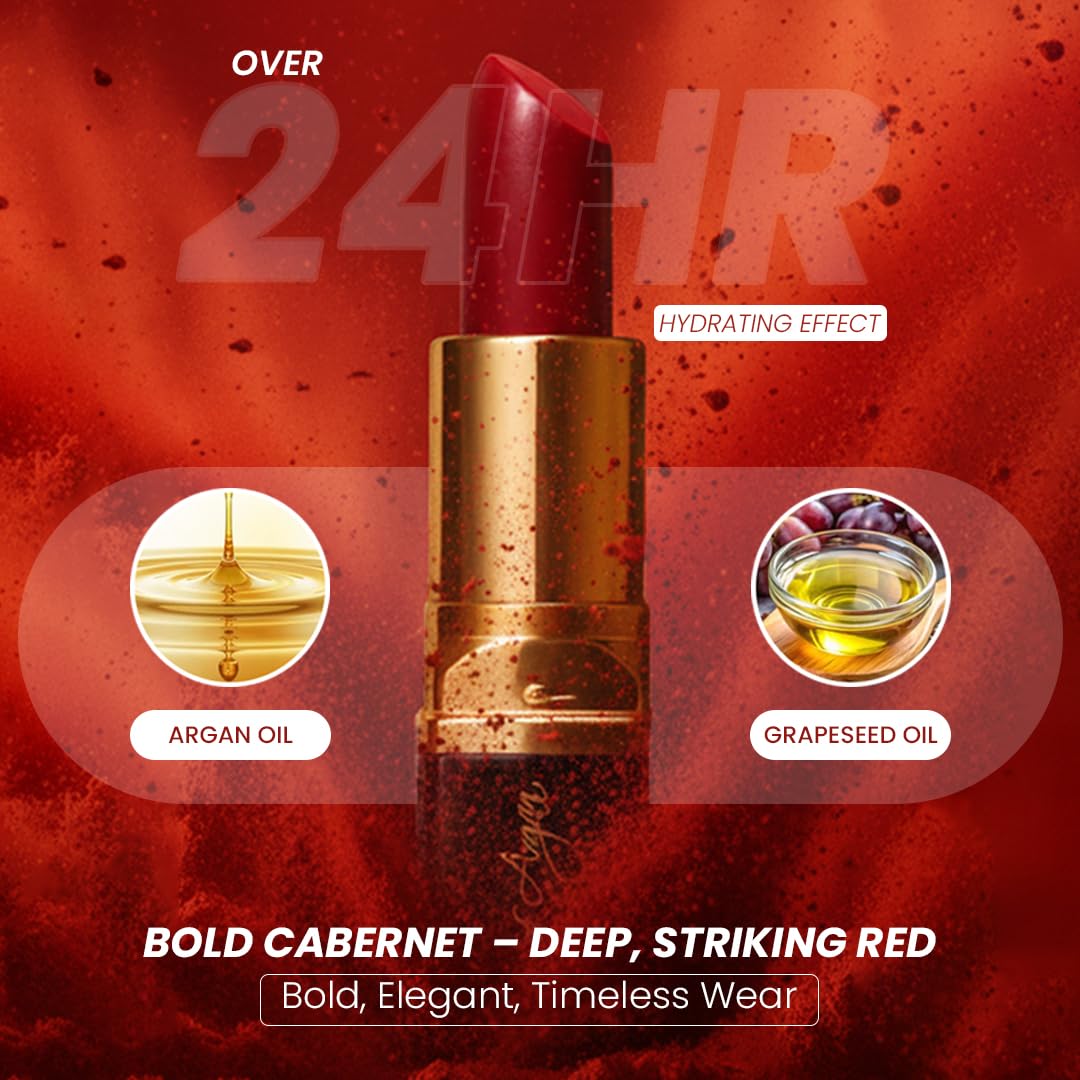 𝗘𝘀𝘀𝗲𝗻𝗰𝗲 𝗼𝗳 𝗔𝗿𝗴𝗮𝗻 Moisturizing Deep Red Lipstick, Tinted Lip Balm with Pure Organic Argan Oil, Shea Butter Lip care, Lip Moisturizer, Long Lasting Lipstick Cabernet