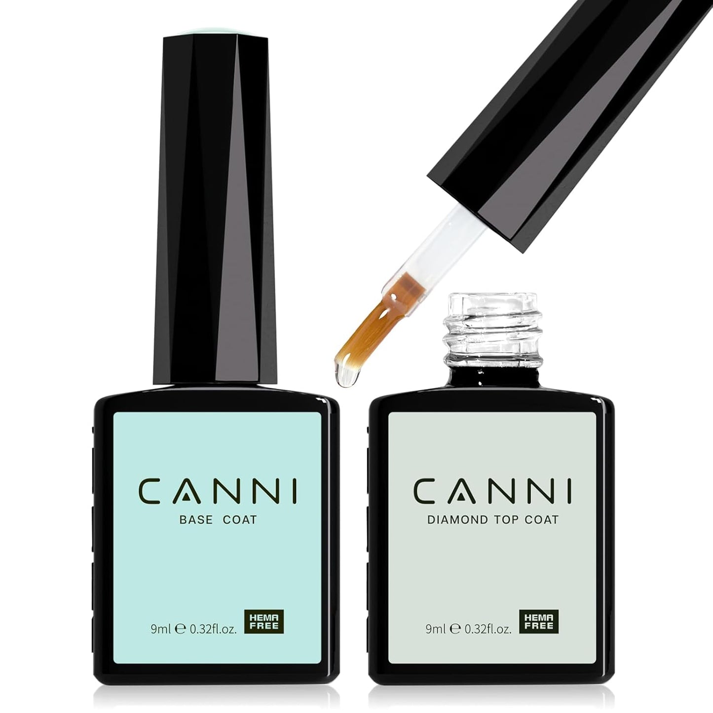 CANNI 2 Pcs No Wipe Gel Top Coat and Base Coat Set- High Gloss Shiny Long Lasting Base Top Coat Gel Nail Polish, Soak Off Nail Art Home and Professional Manicure