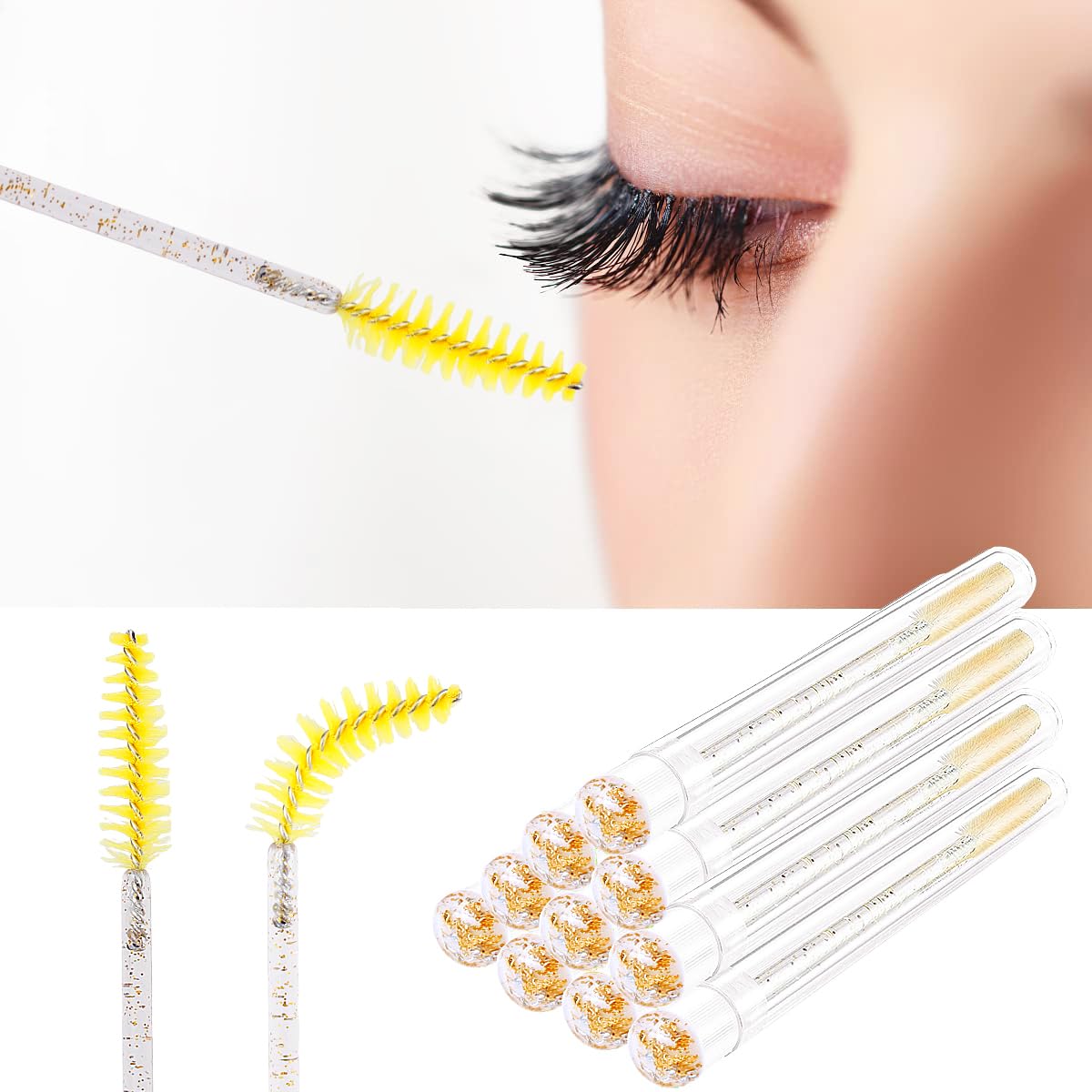 Mascara Brushes Tubes Set 70 Pieces Disposable Eyelash Brushes Replacement with 20 Pieces Empty Tubes for Eyelash Extension Lash Mascara Wand (Gold Sequins)