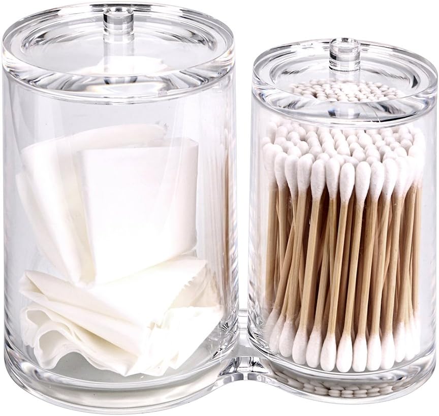 Hipiwe Clear Acrylic Cotton Swab Holder Preminm Quality Round Container Cotton Pad Q-tip Organize Case for Make Up Brush Clear Apothecary Jar