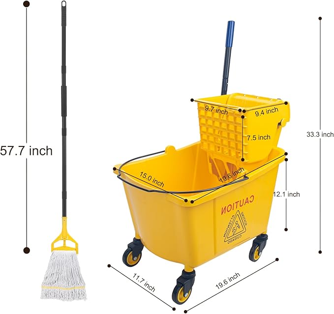 KeFanta 35 Quart Commercial Mop Bucket with Side Press Wringer on Wheels,Yellow,Include Heavy Duty Industrial Mop for Floor Cleaning,Household,Business,Restaurants and Janitorial Use