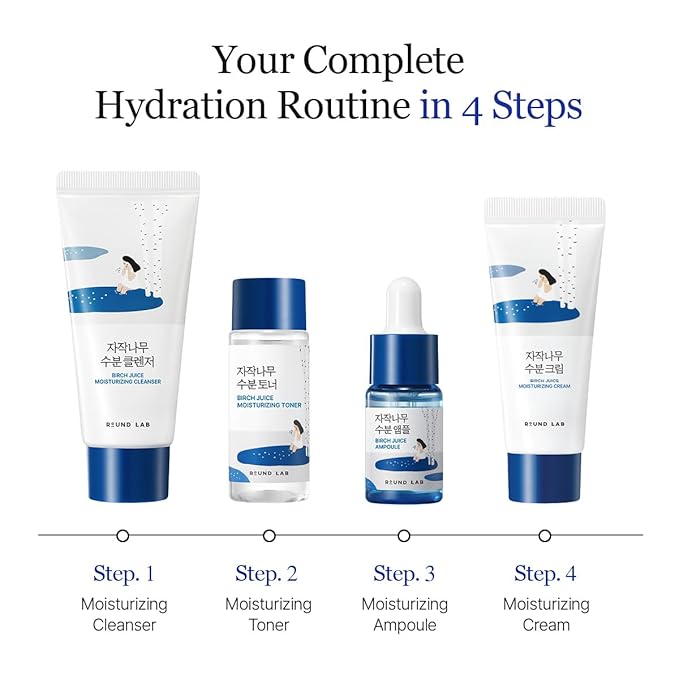 ROUND LAB Birch Juice Moisturizing Mini Kit, 4-Step Travel Size Skincare Set (Cleanser, Toner, Serum, Cream), Daily Skin Care Routine Trial Kit for Acne-Prone and Sensitive Skin, Stocking Stuffers
