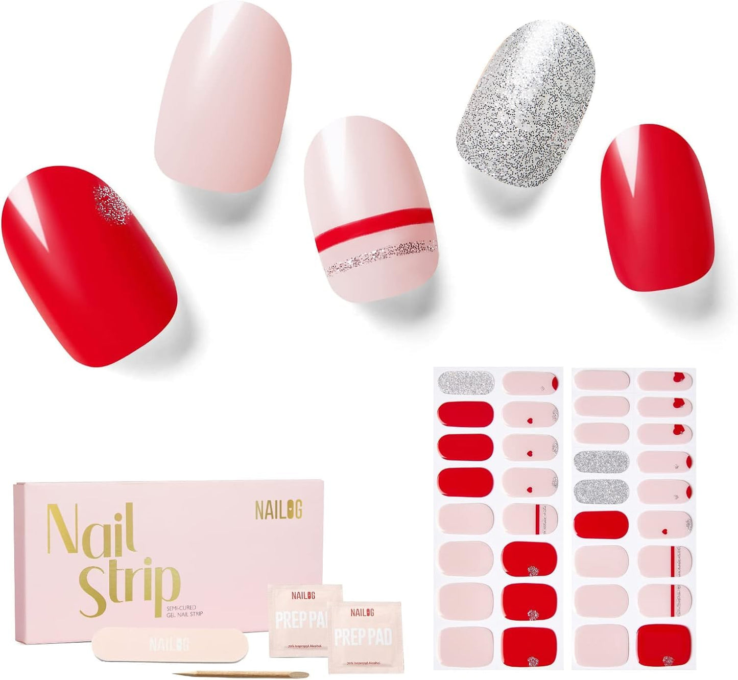 NAILOG Valentines Semi Cured Gel Nail Strips 34 pcs, Buy 2 Get 1 UV Lamp, Salon-Quality Gel Nail Stickers, Valentines Day Gel Nail Wraps with Soft Gel Finish | Love Note