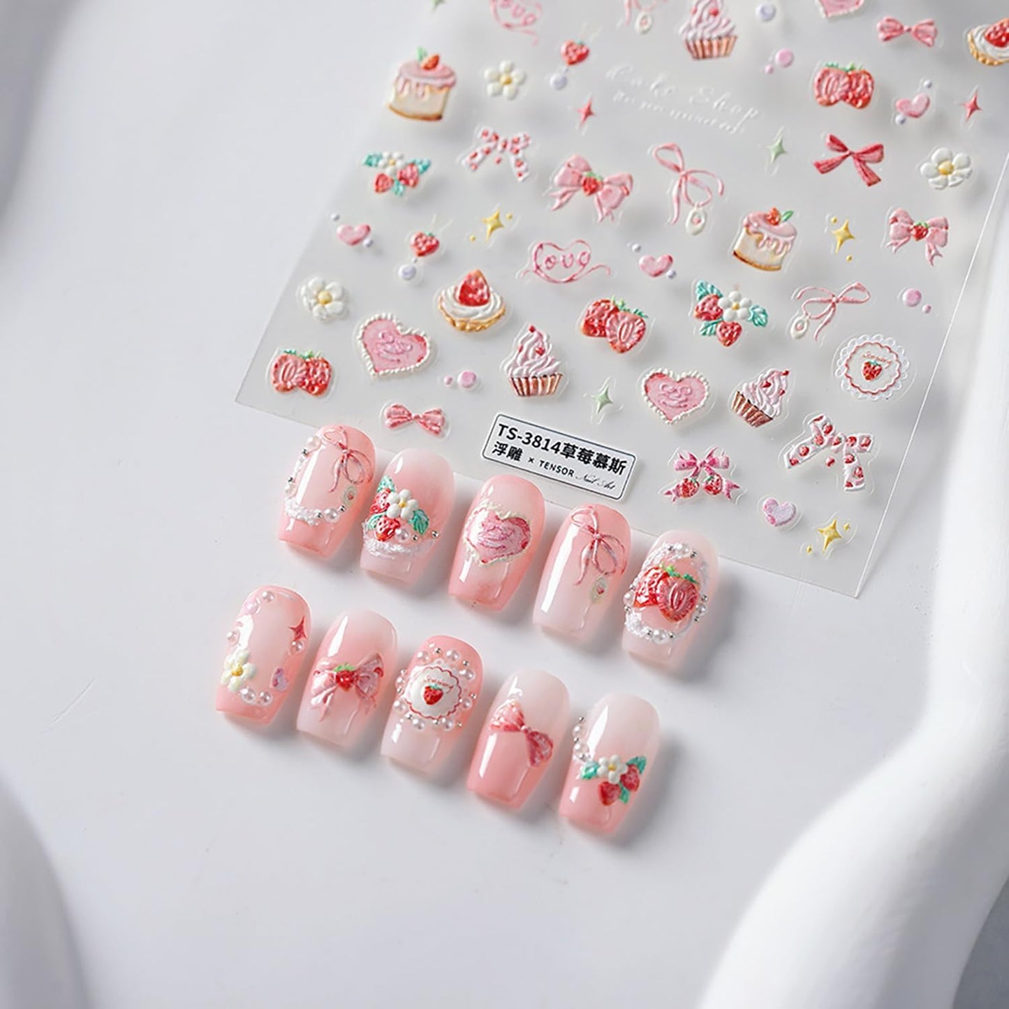 5D Embossed Bow Nail Stickers Pink Bow Nail Decals for Acrylic Nails Designs Self Adhesive Pink Star Cake Flower Nail Art Stickers Cute Bow Nail Art Supplies for Women Nail Accessores